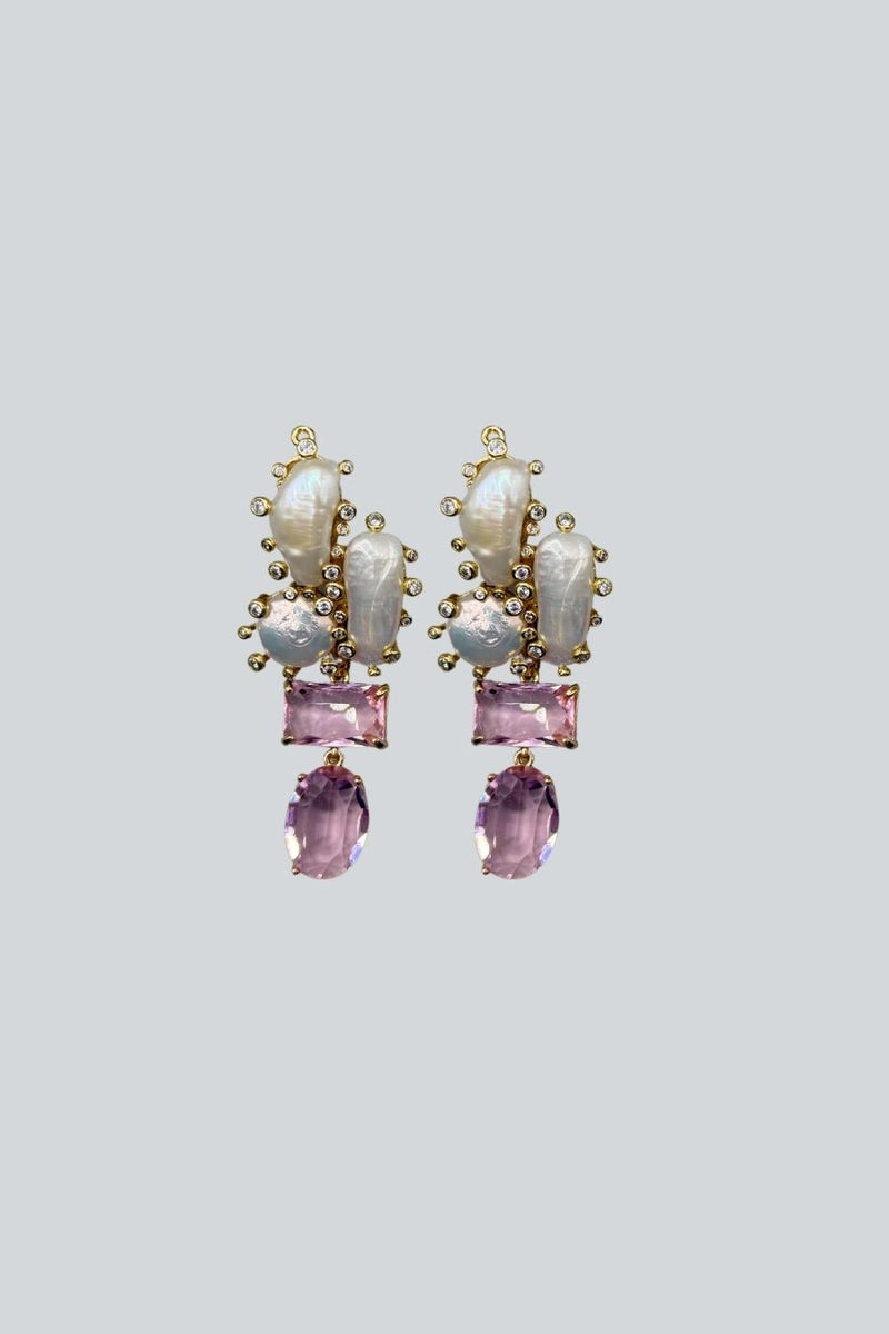 ARETES 3 PIEDRAS BLANCAS 2 ROSAS