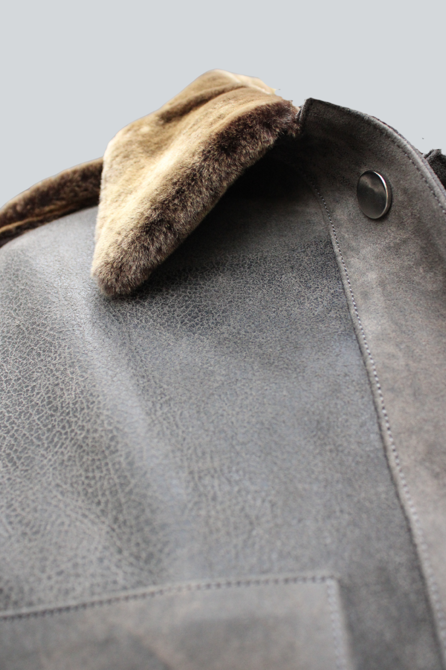Archivo Bomber de Amkie Gamus vista posterior, chamarra de piel con detalles de shearling