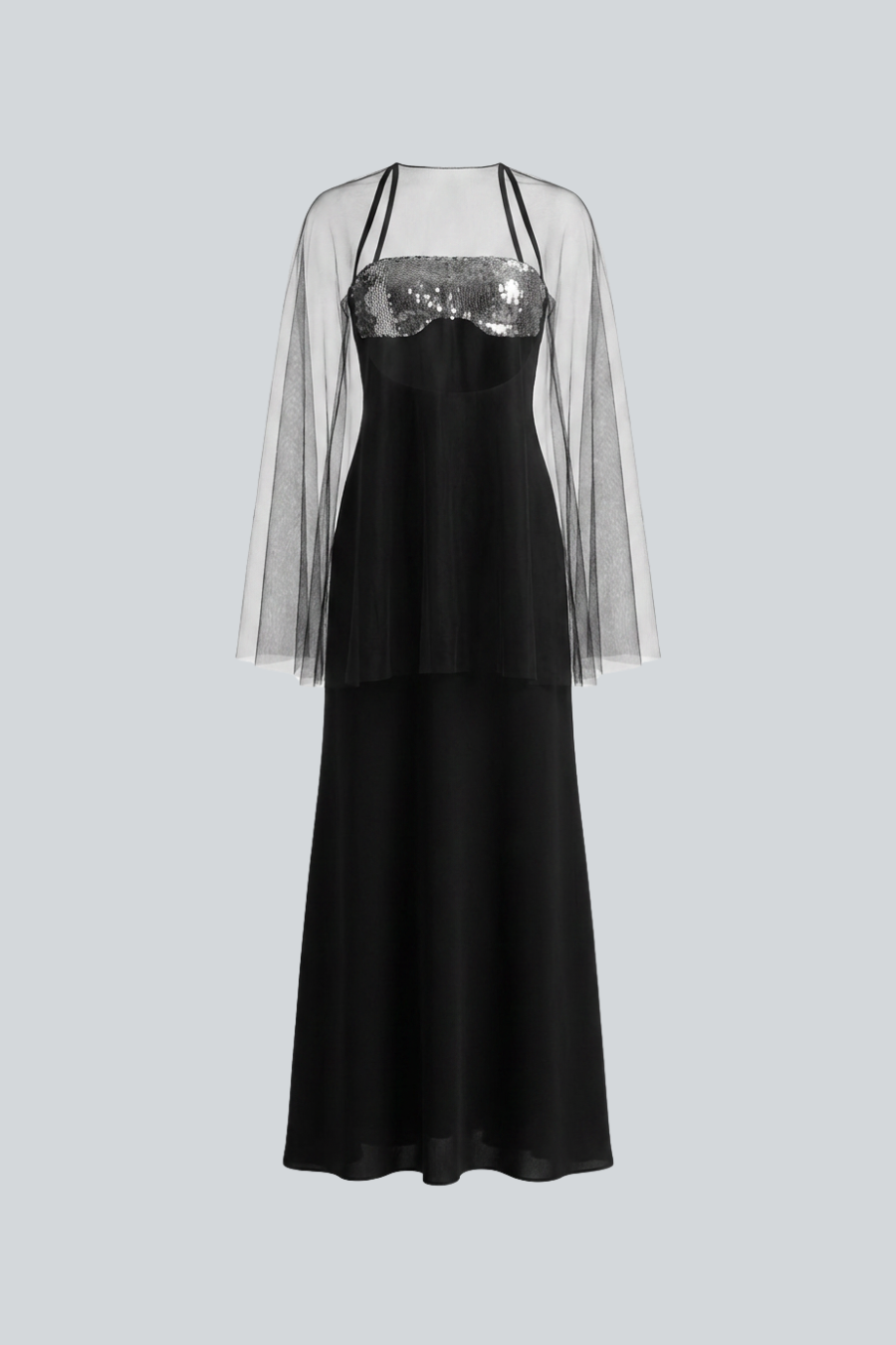 Vestido largo negro con transparencias y bustier de lentejuelas metálicas de Amkie Gamus, vista frontal.