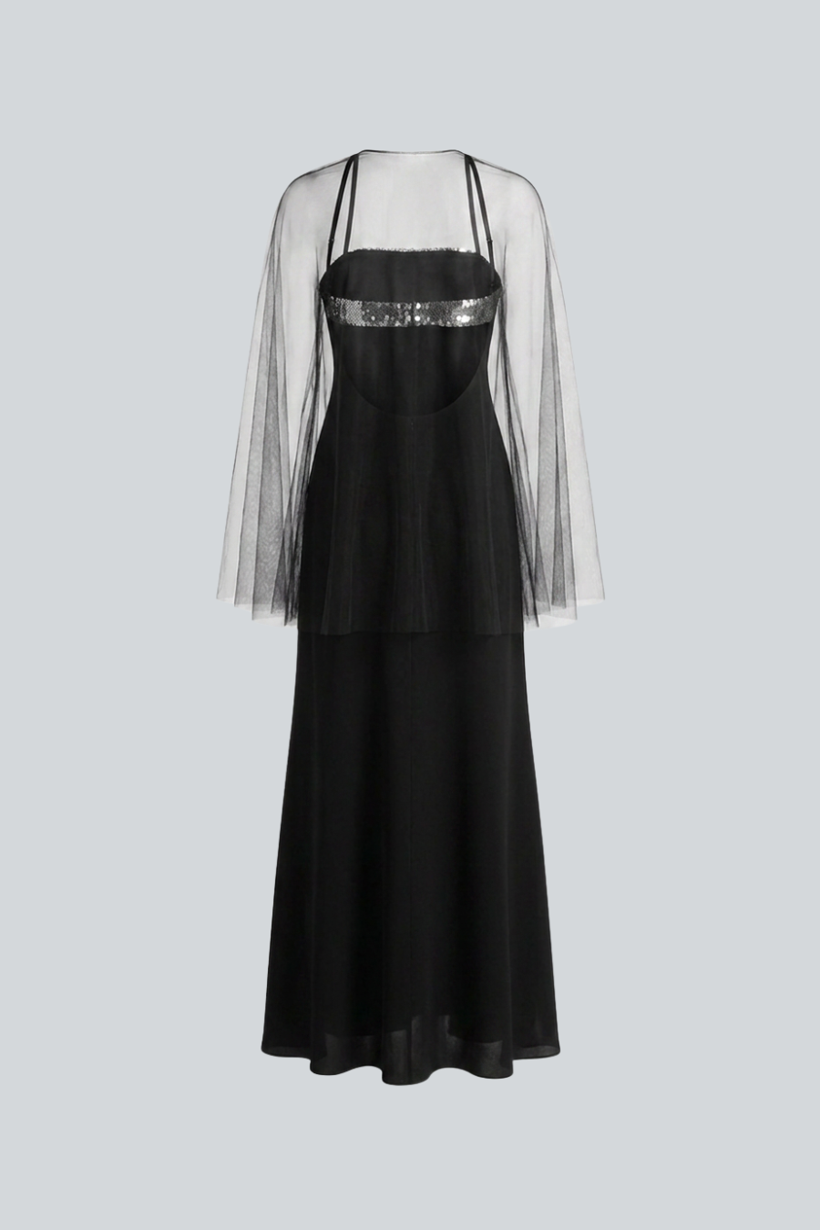Vestido largo negro con transparencias y bustier de lentejuelas metálicas de Amkie Gamus, vista posterior.