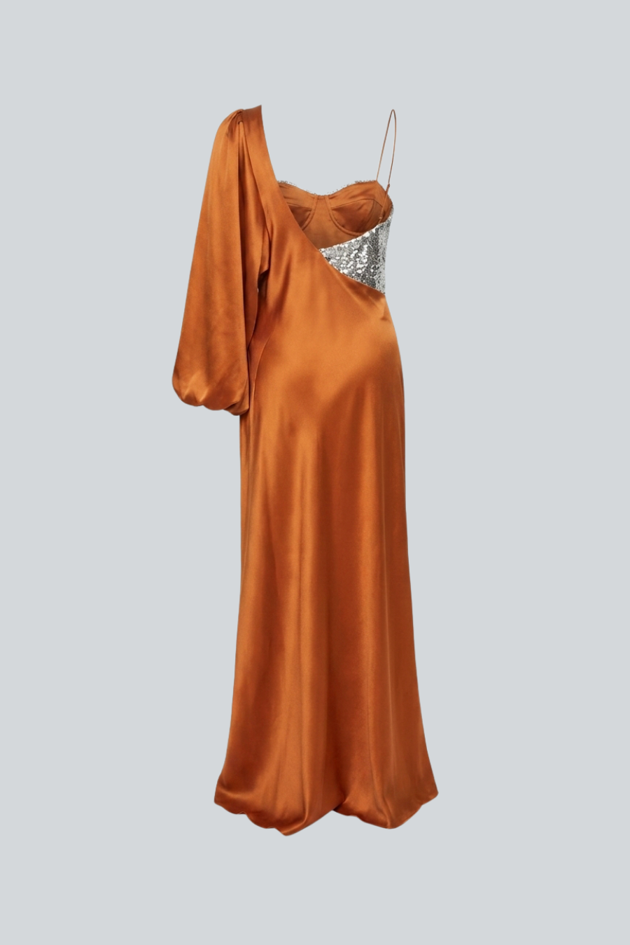 Vestido largo envolvente asimétrico con bustier de lentejuelas de Amkie Gamus, vista posterior.