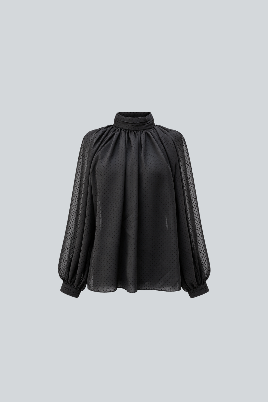 Blusa Eloisa de Jeanette Toscano negra de manga larga con cuello, mangas amplias y silueta holgada