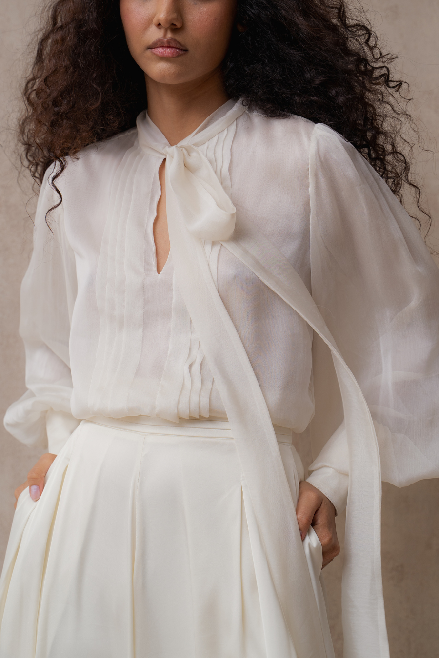 Detalle del lazo al cuello y la transparencia de la Blusa Gretha
