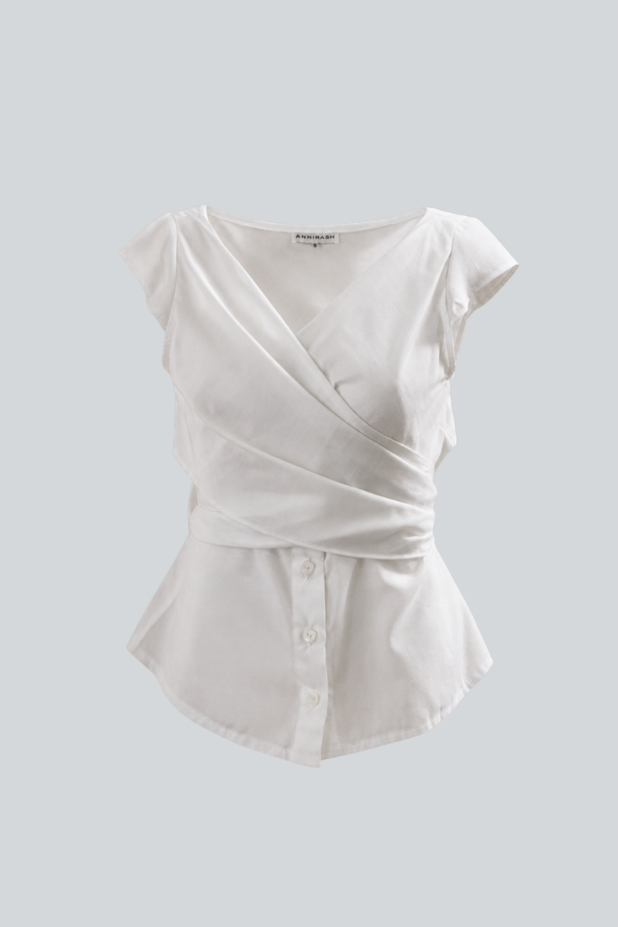 Blusa Soberna de Anirash, blusa blanca de manga corta con drapeado cruzado al frente 