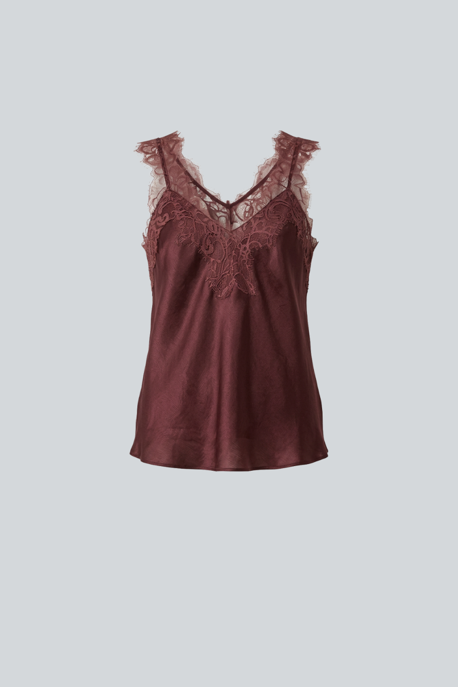 Blusa Zelie de Anirash, blusa de satén marrón con tirantes gruesos y detalles de encaje 