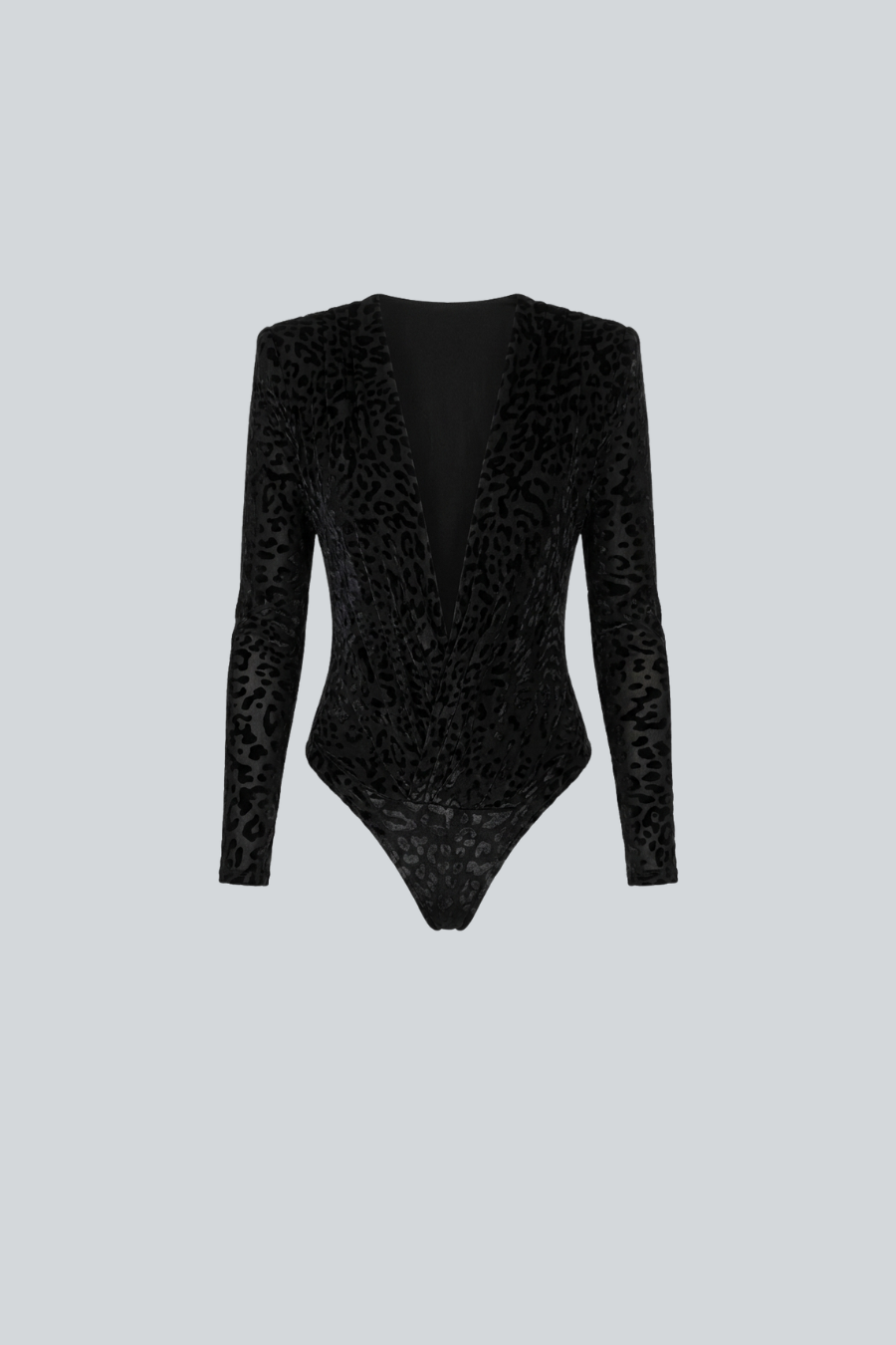 Body negro de escote en V con estampado y manga larga de Alfredo Martínez.