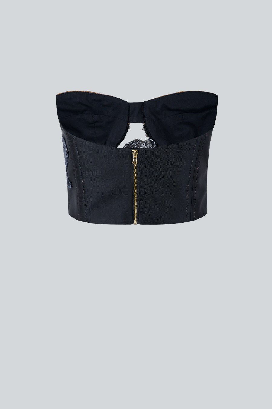 Bliss Bustier vista posterior, bustier sin tirantes con bordado artesanal 