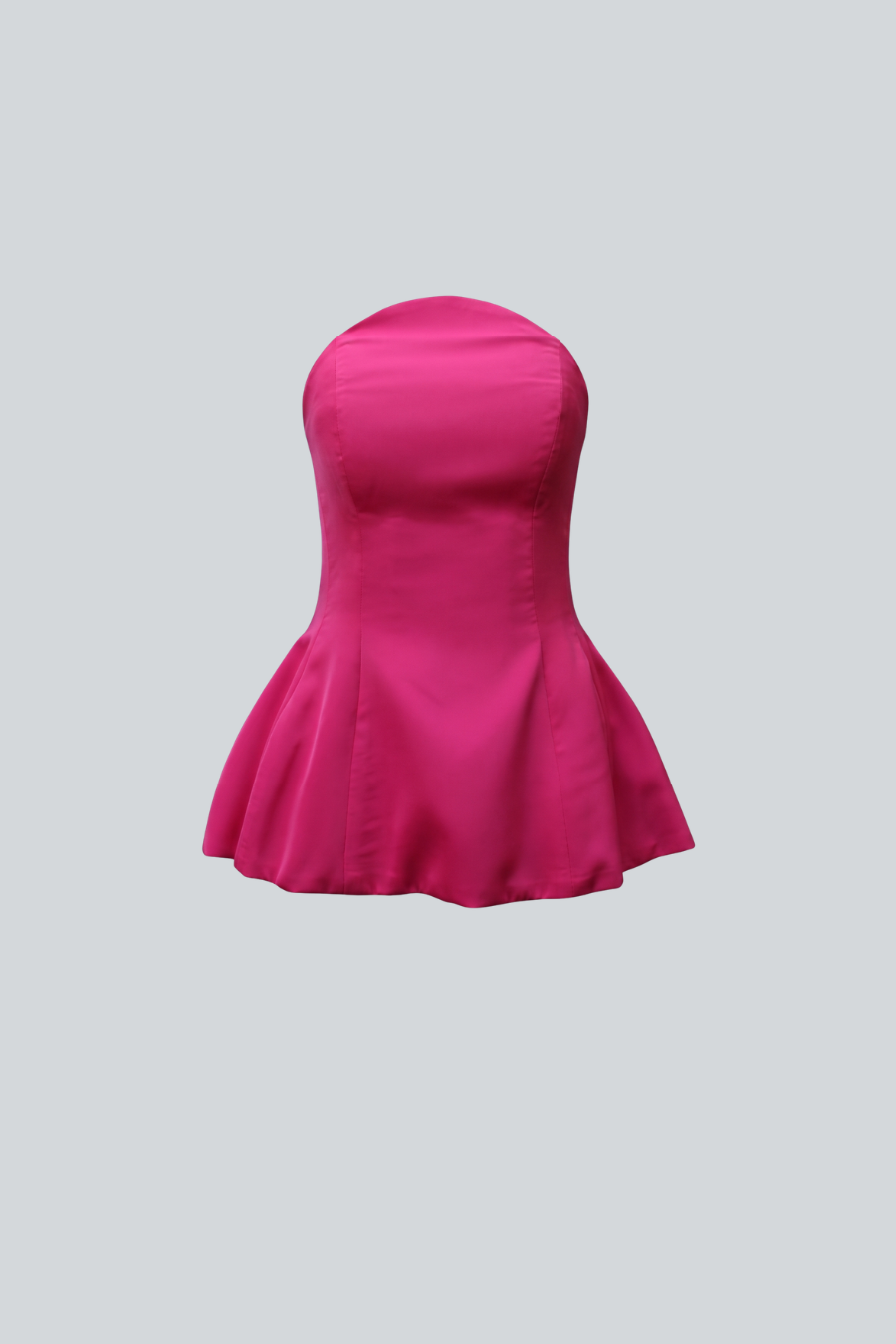 Top strapless de Pánuco en color rosa fiusha con escote redondo y peplum