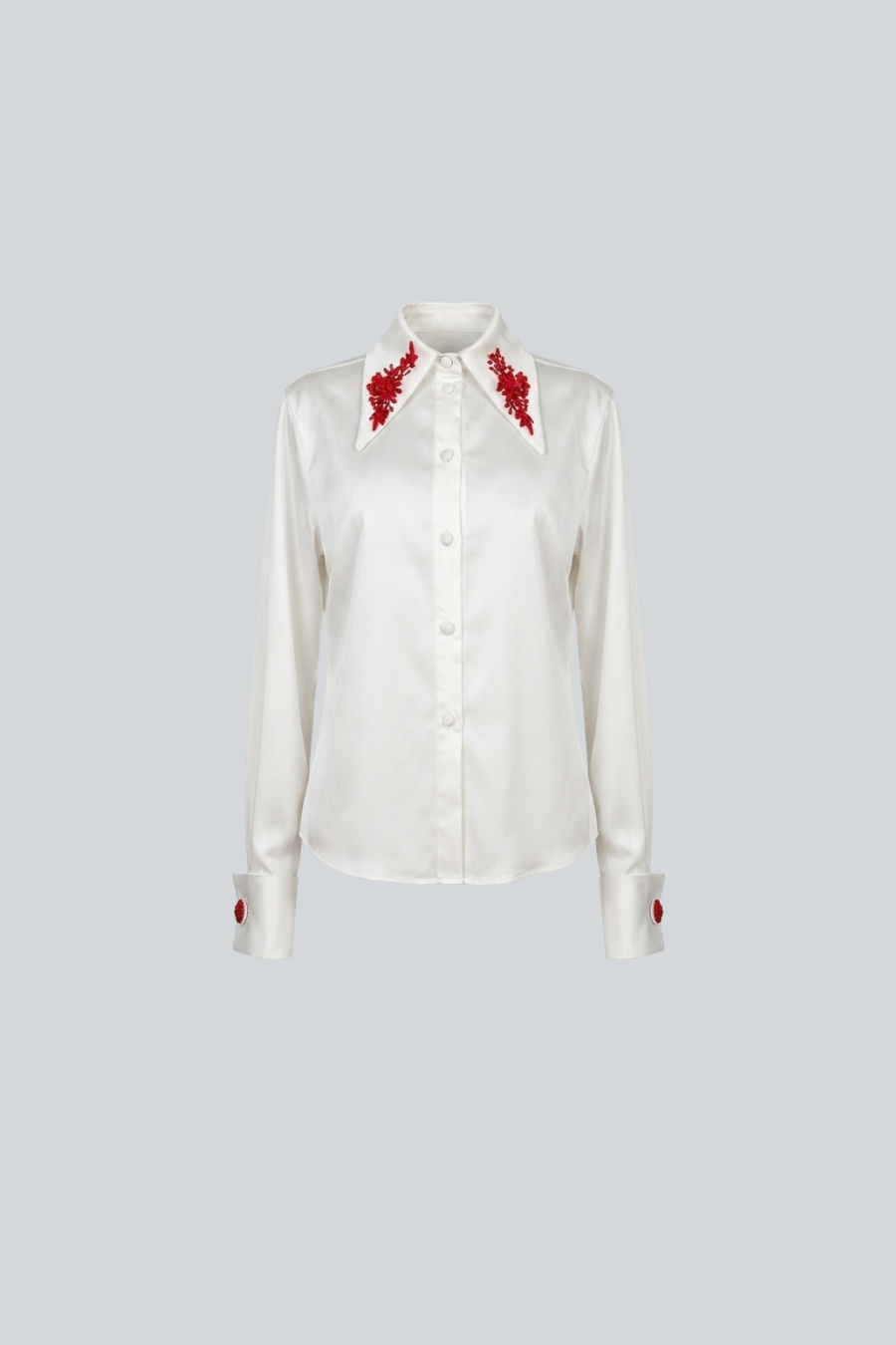 Camisa de satén de manga larga con bordado de piedras en el cuello