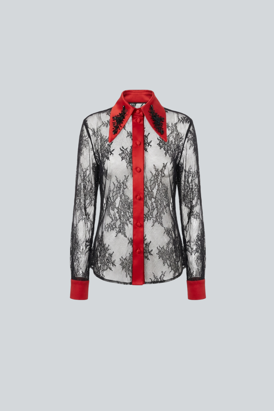 Camisa de encaje negra de manga larga con bordado en el cuello y detalles rojos
