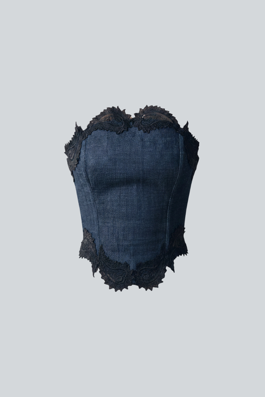 Corset denim con apliques florales de Vero Díaz, vista frontal.