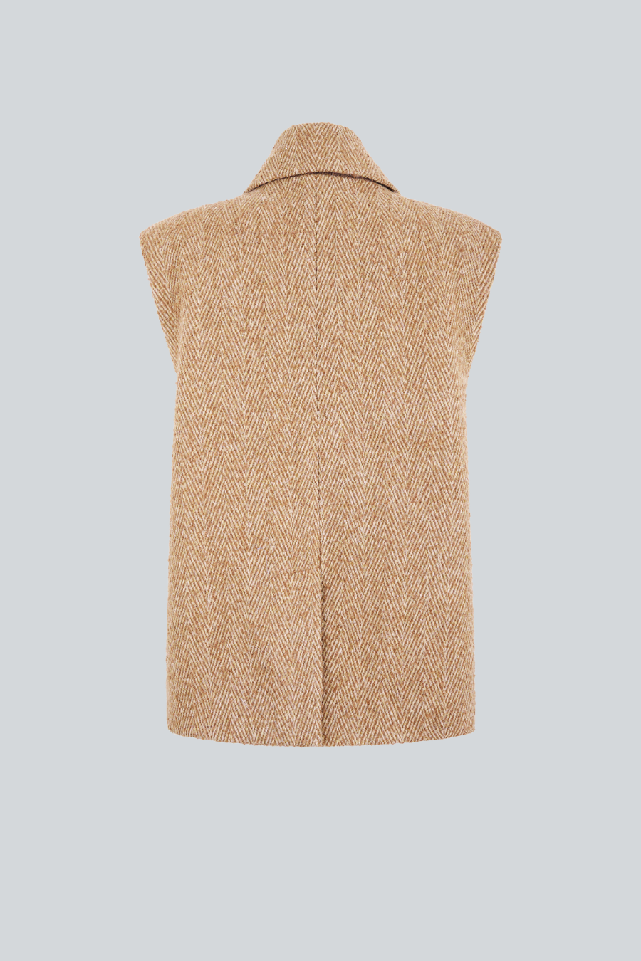 Chaleco Stardust oversized visto por detrás en lana camel e ivory