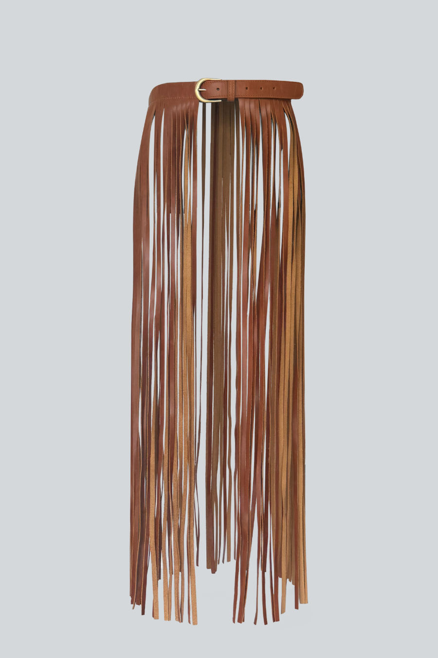 Cinturón Capri de piel con flecos largos de Amarante, color terracota vista frontal.