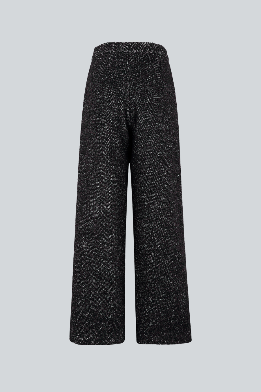 Pantalón Crispin de Sandra Weil, vista posterior de su silueta recta en lana de espiga gris oscuro