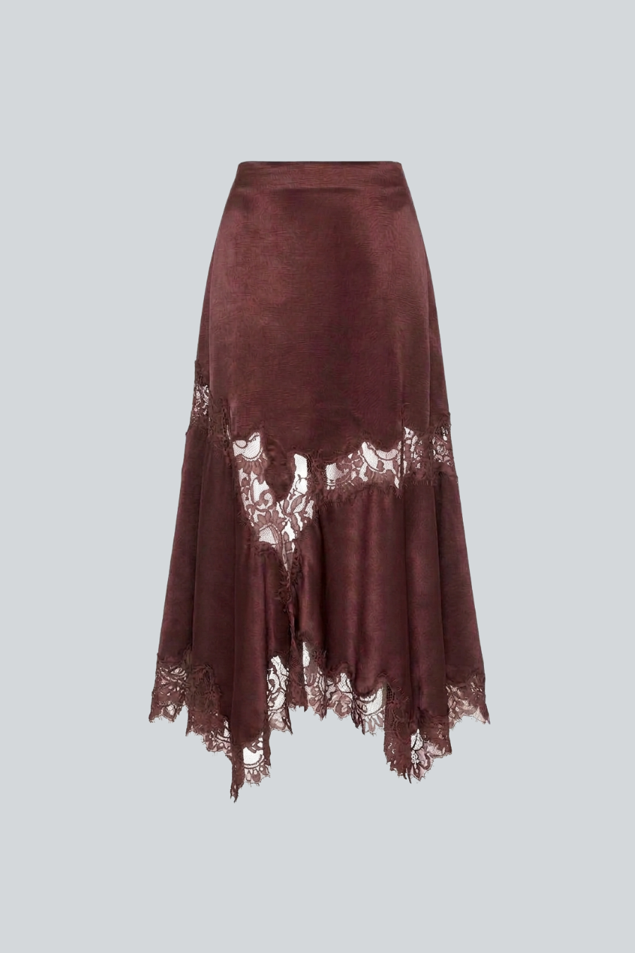 Falda Amarante de Anirash, falda midi tinto con bajo en picos y detalle de encaje 