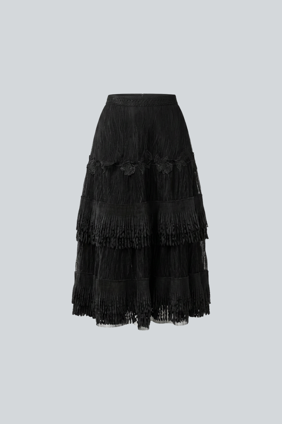Falda Arabella de Vero Díaz, falda midi negra con detalles de encaje y paneles de guipur