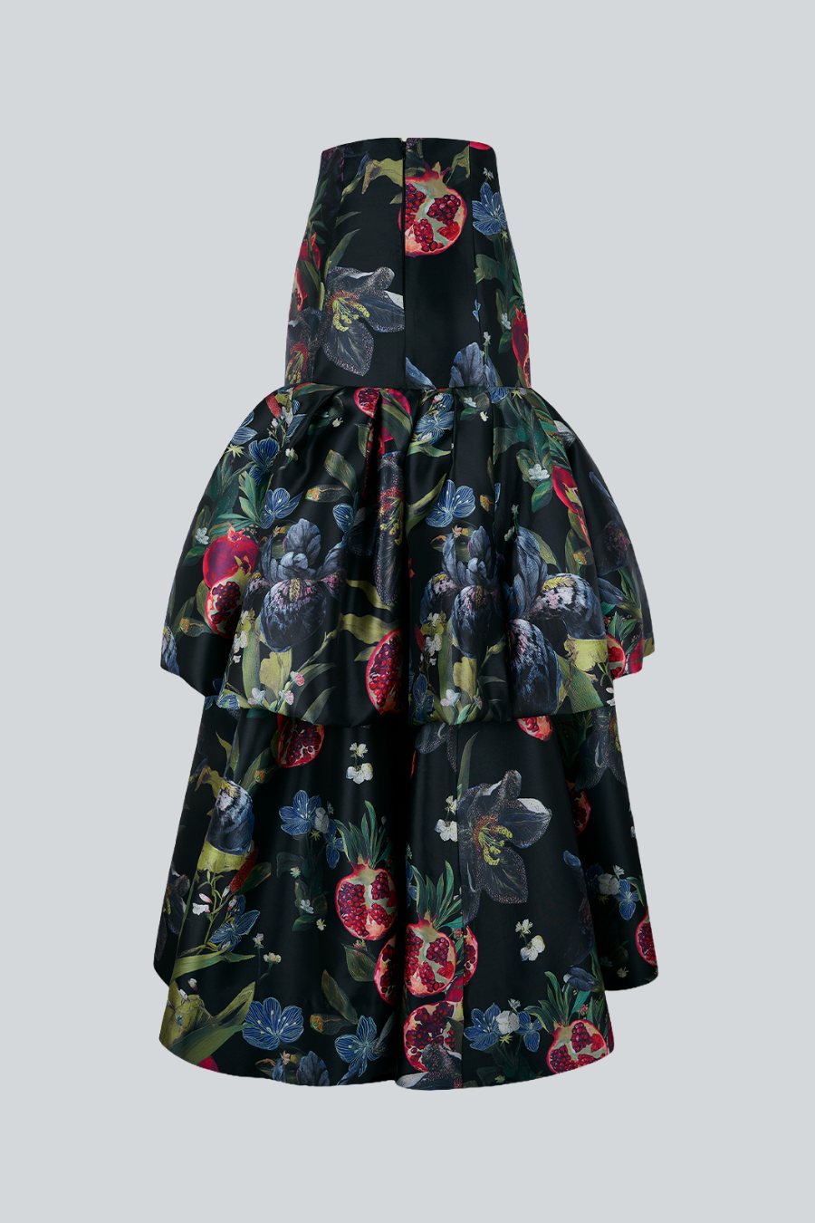 Pomegranate Skirt vista posterior, falda maxi escalonada con estampado de granada 