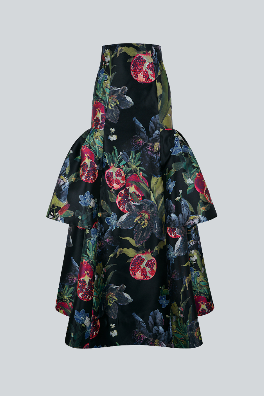 Pomegranate Skirt, falda maxi voluminosa con estampado de granada y paneles laterales escultóricos
