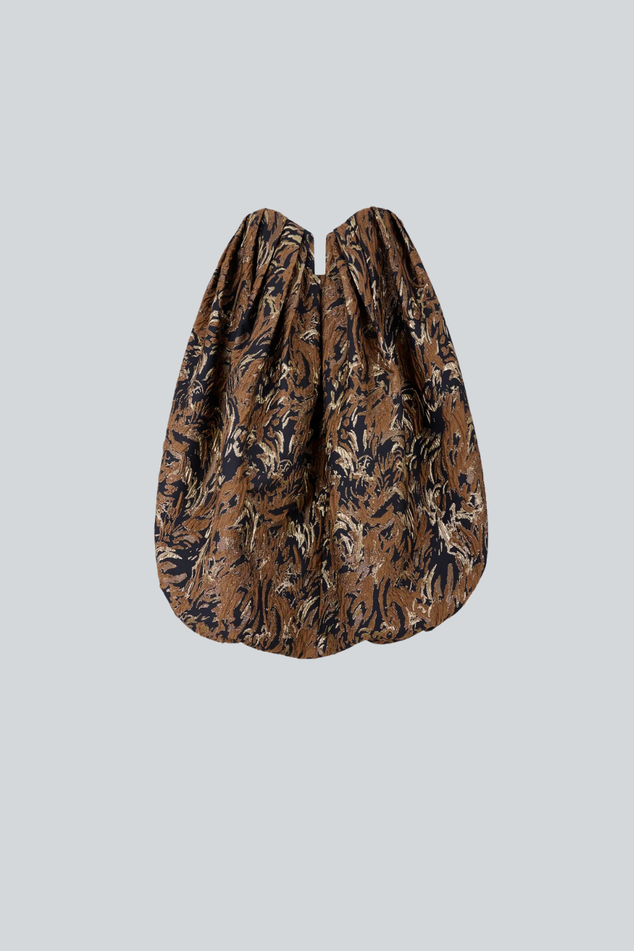 Top Gen de Sandra Weil, bustier strapless de brocado con hilos metálicos y drapeado suave