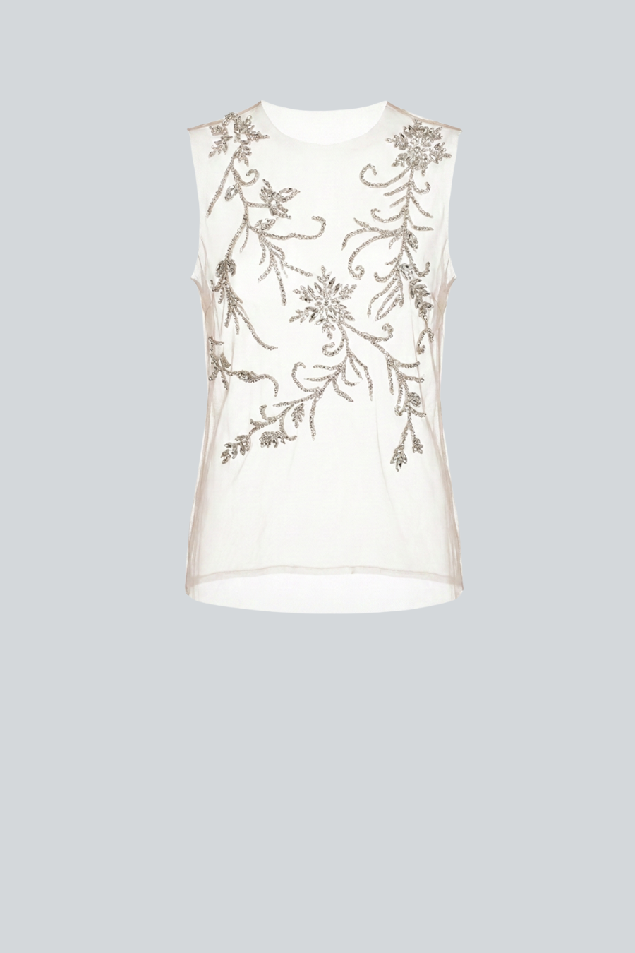 Top transparente bordado color ivory de Amkie Gamus, vista frontal.