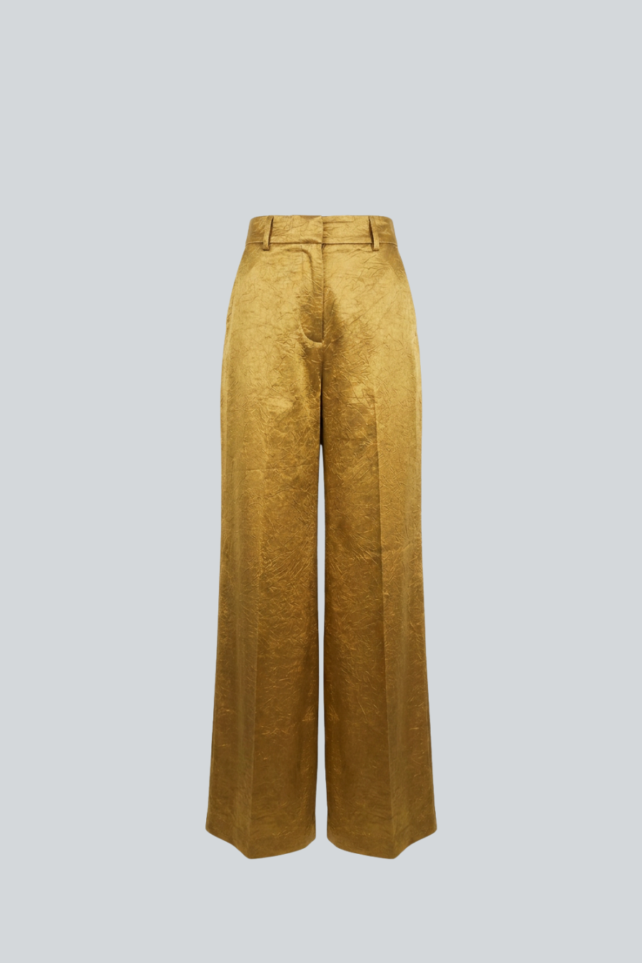 Pantalón palazzo satinado color oro de Amkie Gamus, vista frontal.