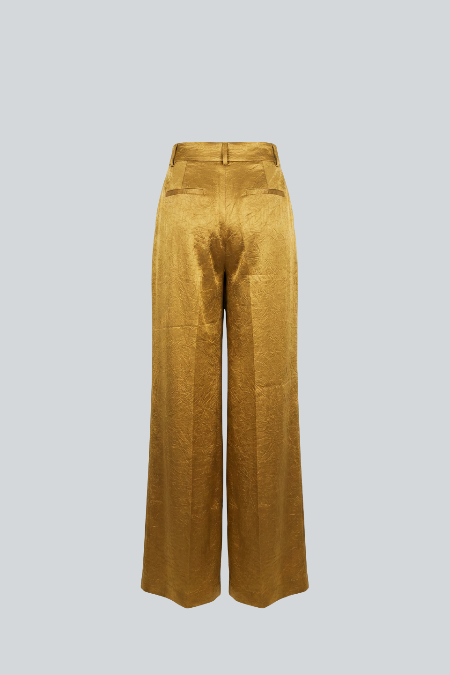 Pantalón palazzo satinado color oro de Amkie Gamus, vista posterior.