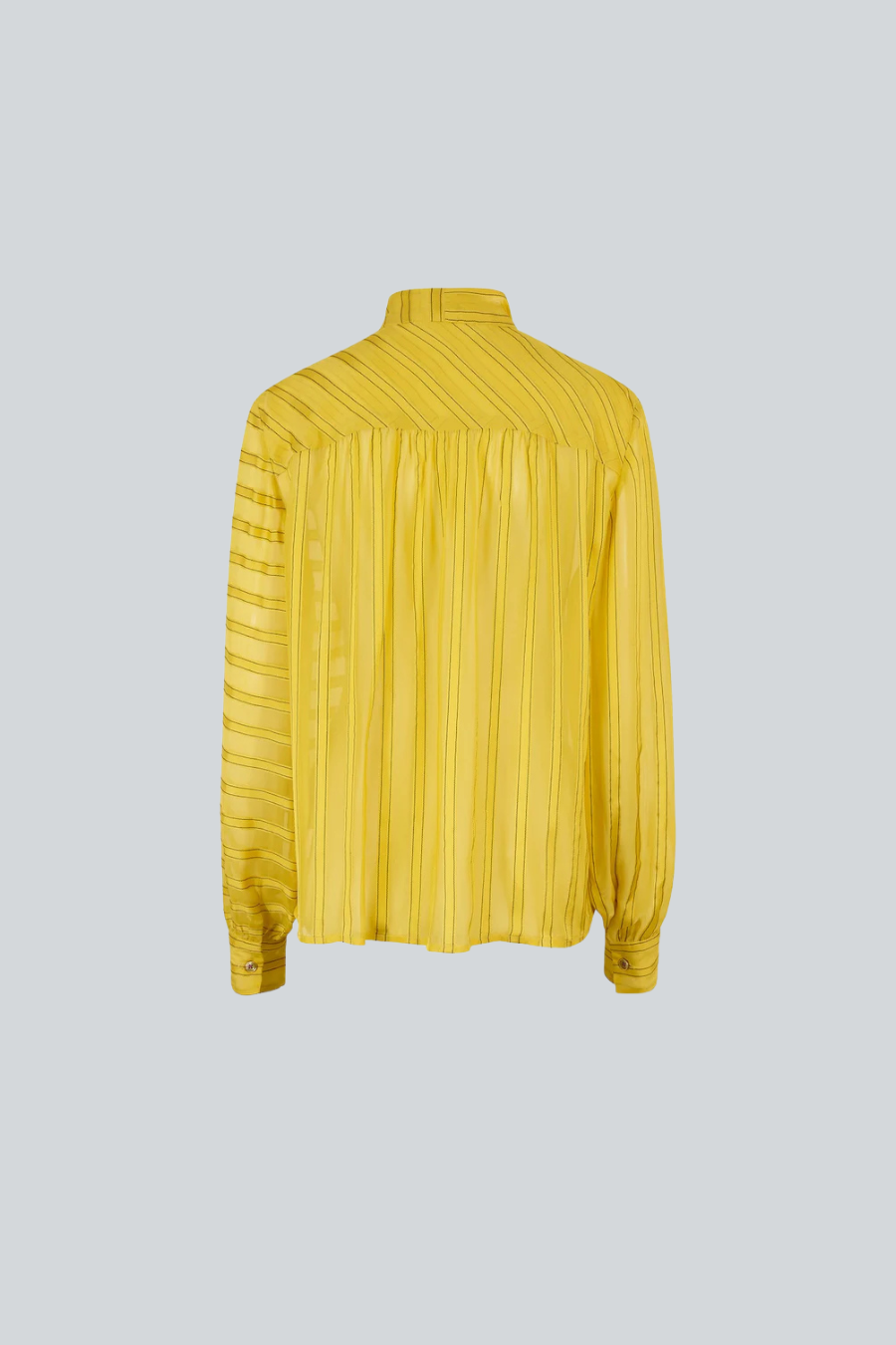 Blusa Sunny Shirt amarilla de Sandra Weil en chiffon con lazo al cuello, vista posterior.