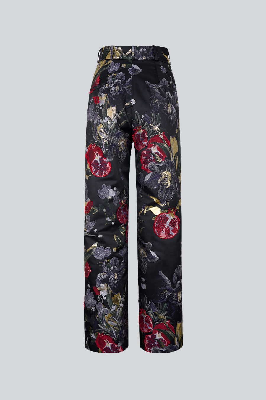 Bosco Pant vista posterior, pantalón de tiro alto con estampado de autor