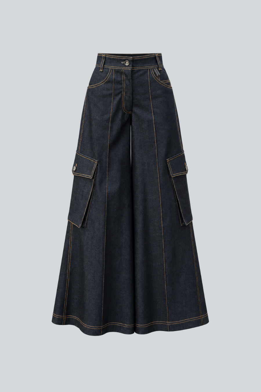 Pantalón Georgia de Jeanette Toscano en denim con silueta cargo de pierna ancha y costuras en contraste