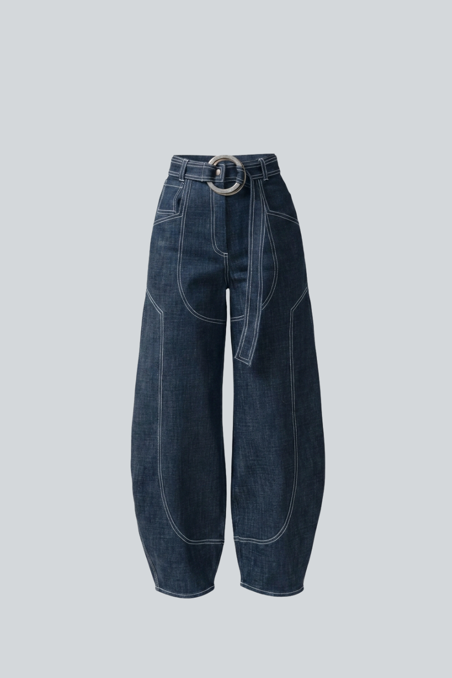 Pantalón Dalia de Vero Díaz, pantalón globo de denim con costuras blancas