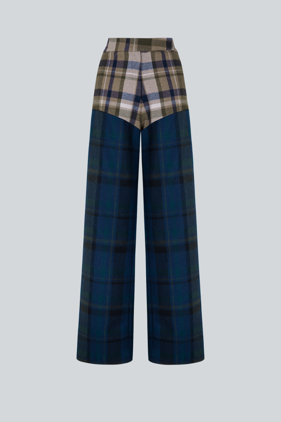 Pantalón Delight de Sandra Weil de tiro alto y pierna ancha con estampado tartán y paneles superiores en contraste