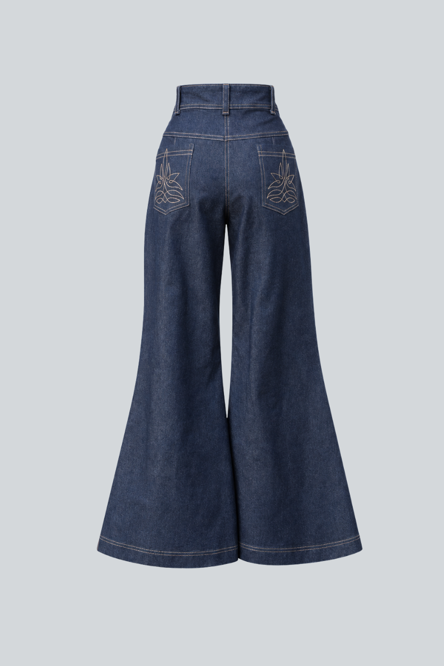 Pantalón Palazzo Dakota de Jeanette Toscano visto por detrás en denim oscuro