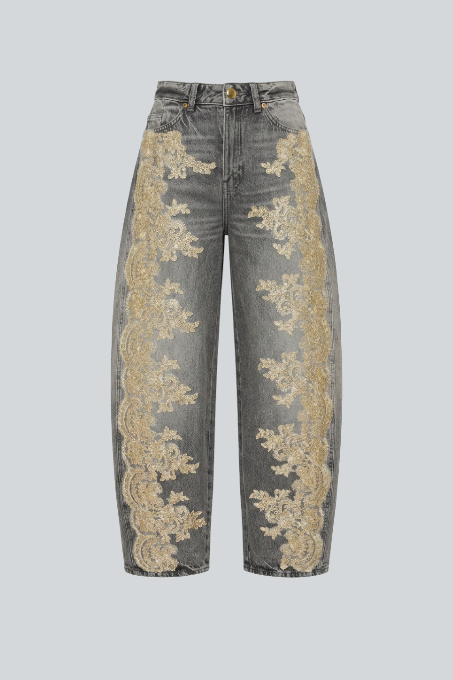 Pantalón Plegaria balloon gris con aplicaciones de encaje dorado de Hilda García