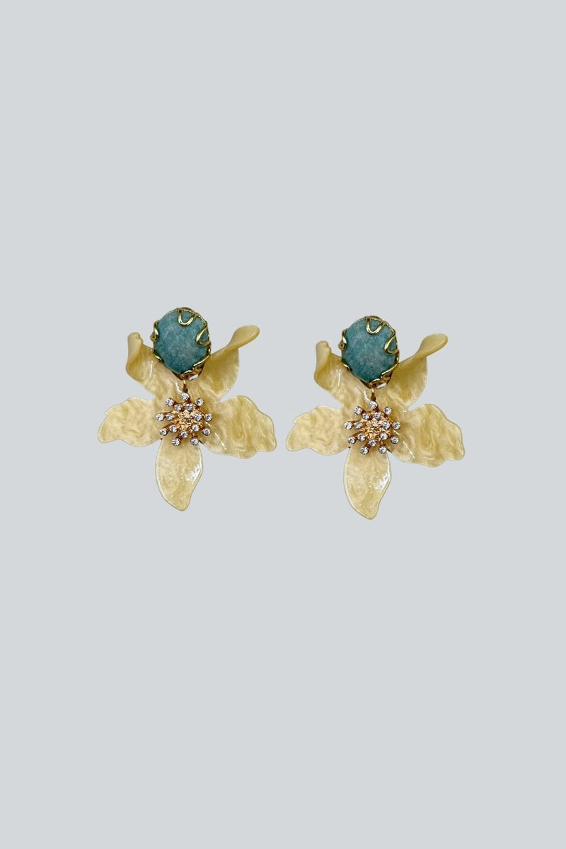 ARETES PIEDRA TURQUEZA FLOR AMARILLA