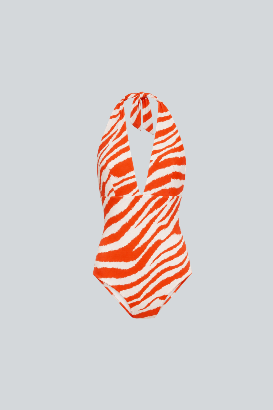 Pili Careyes Zebra de SG Eleazar, traje de baño de una pieza halter con estampado zebra naranja

