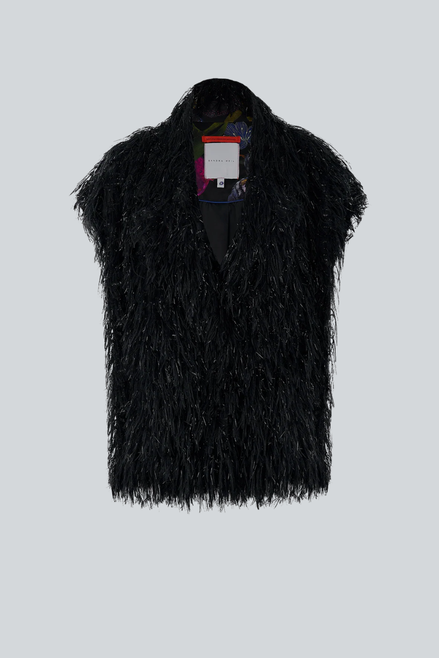 Chaleco Rakish de Sandra Weil con silueta oversized y textura de plumas
