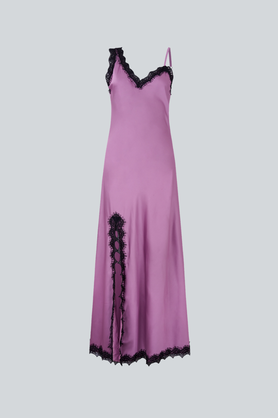Vestido Sleep Dress de Montserrat Meseguer, vestido lencero largo de satén uva con escote de encaje y diseño asimétrico