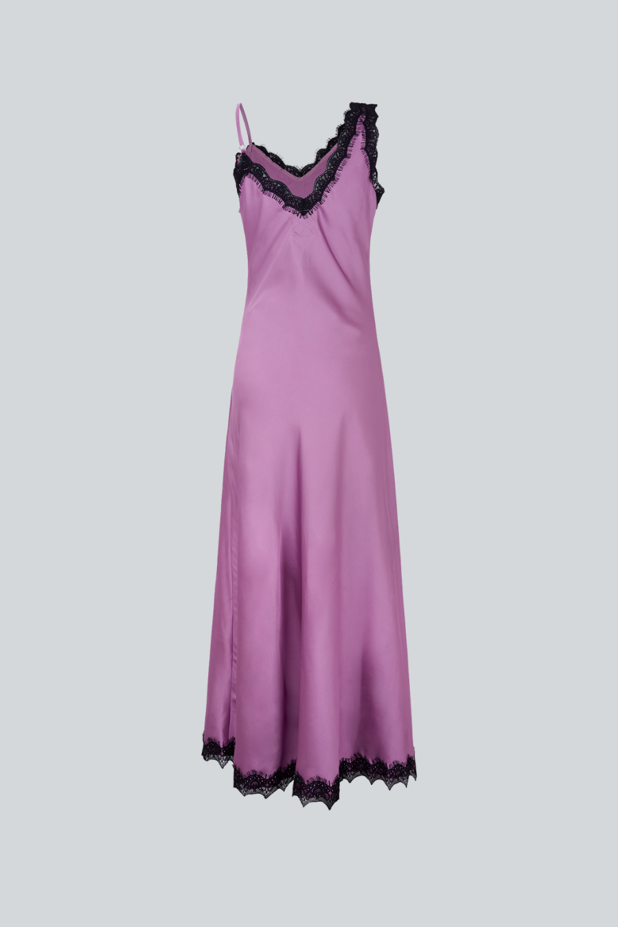 Vestido Sleep Dress de Montserrat Meseguer visto por detrás, vestido largo de satén color uva