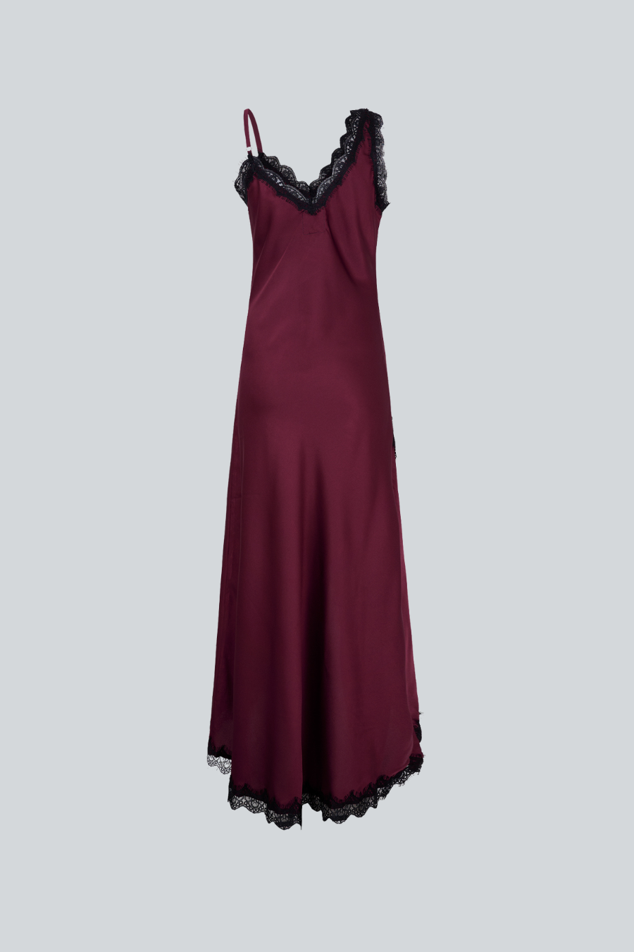 Vestido Sleep Dress de Montserrat Meseguer visto por detrás, vestido largo de satén color vino