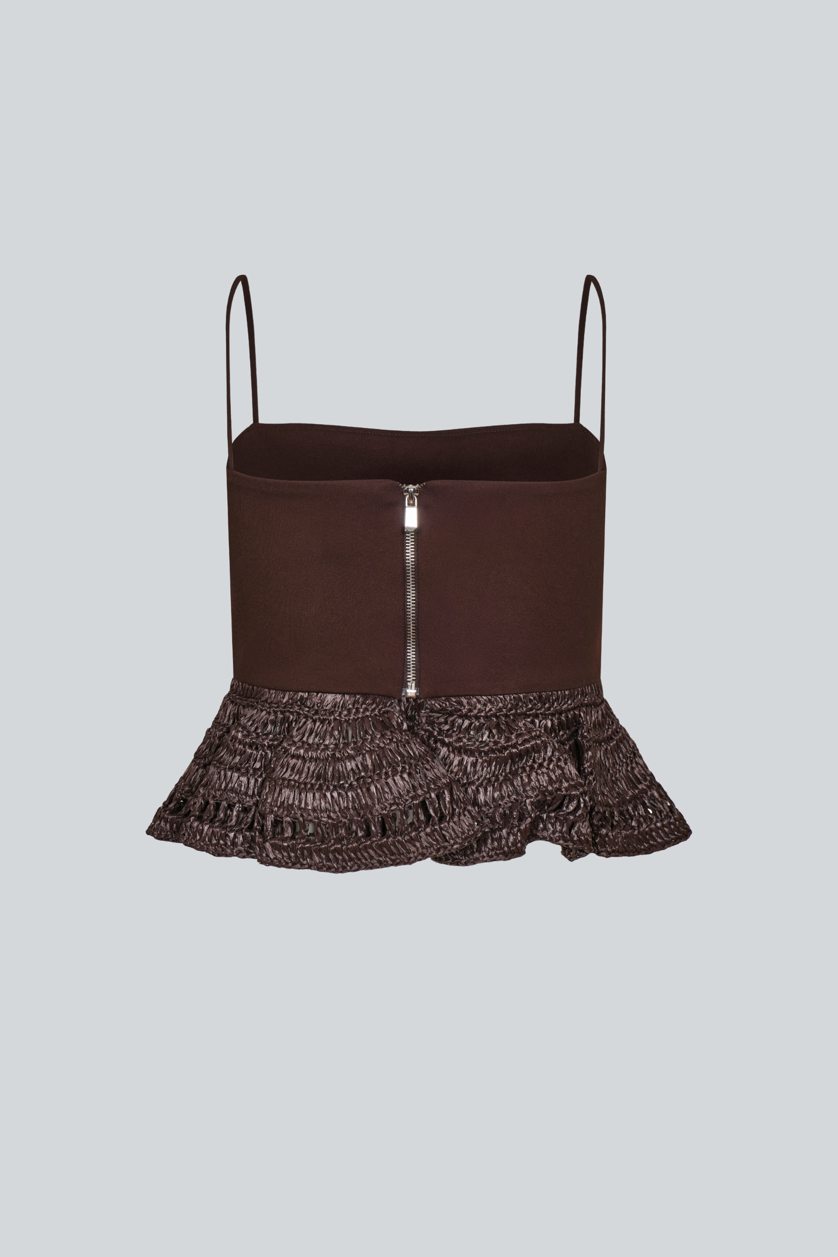 Crop top peplum de PADOVA elaborado en rafia natural, vista posterior.