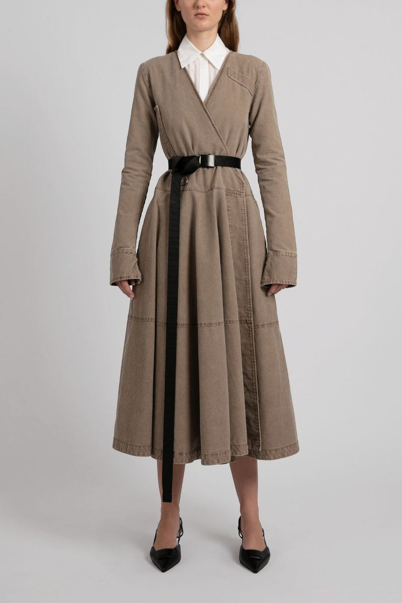 VESTIDO MIDI MANGA LARGA CINTO MARRON