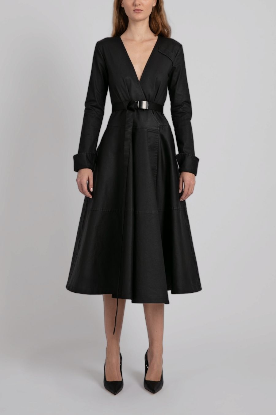 VESTIDO MIDI MANGA LARGA CINTO NEGRO