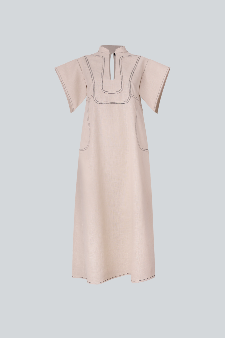 Vestido Damián de Cancino midi de lino color natural con manga corta y escote de gota
