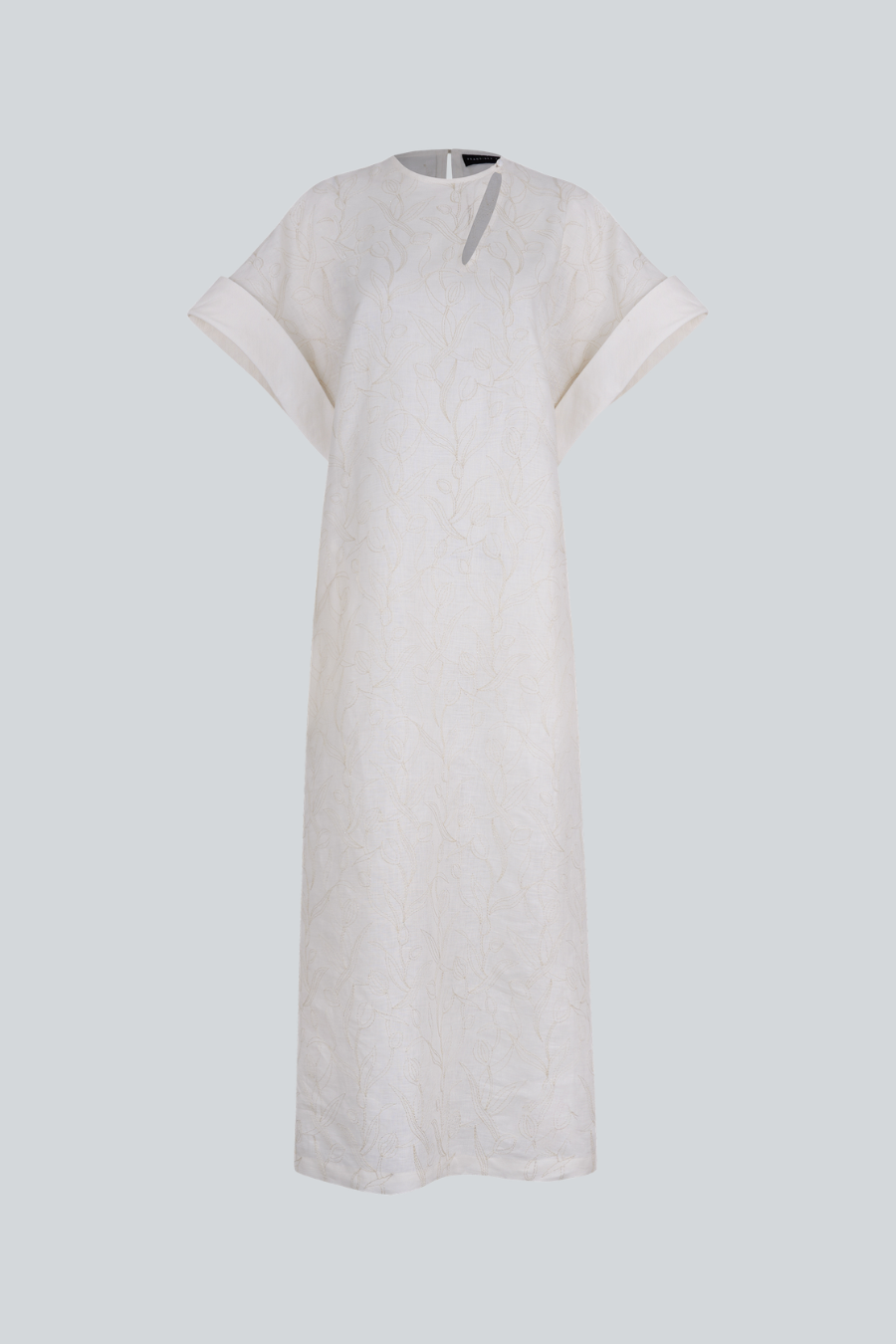 Vestido Francoise Achille de Cancino largo de algodón color natural con bordados botánicos ivory
