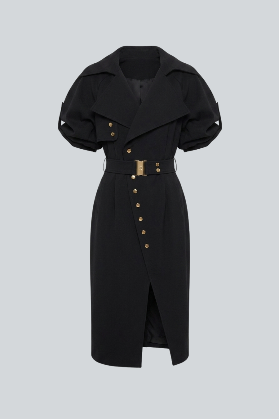 Vestido midi negro de gabardina con mangas fruncidas y cinturón de Alfredo Martínez.