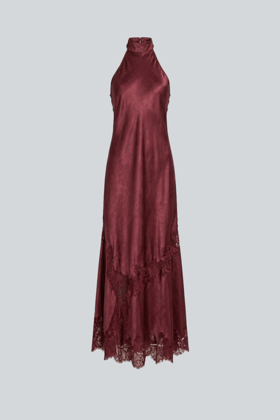 Vestido Lune de Anirash, de satin con encaje tinto, cuello halter.