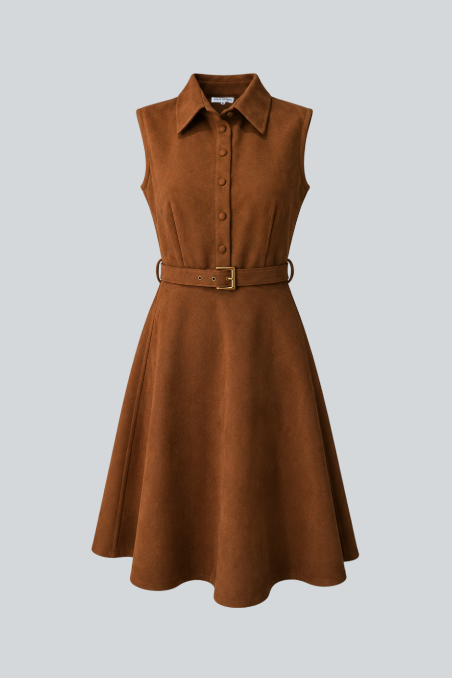 Vestido Silvestre de Anirash, vestido midi color terracota con cuello, botones y cinturón