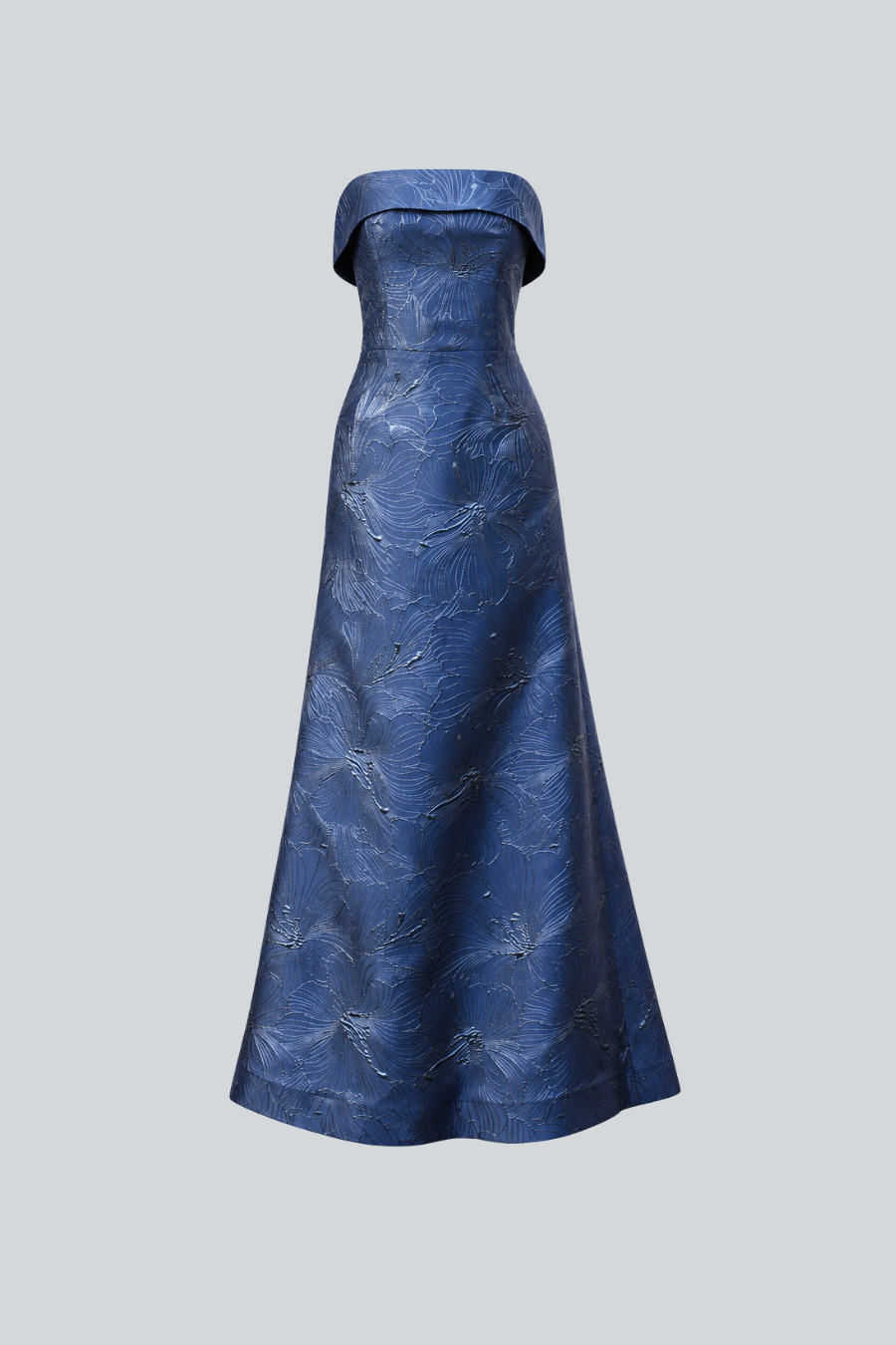 Vestido Valentina de Jeanette Toscano largo y strapless en azul con relieve floral y falda línea A